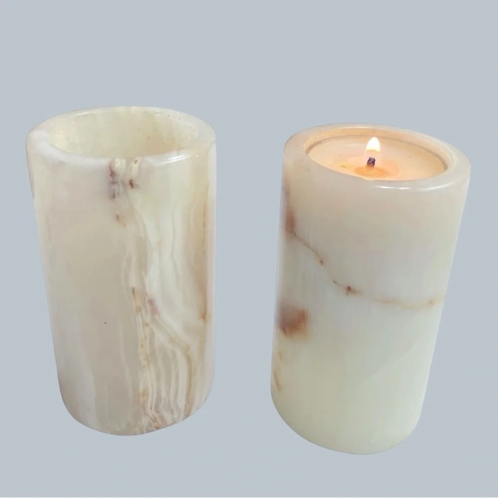 Vintage Natural Onyx Alabaster Stone Tea Light Candle Holders Pair